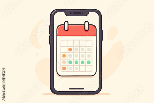 Smartphone calendar app interface vector illustration. Mobile phone with scheduling application design. Digital planner organizer concept. Time management technology