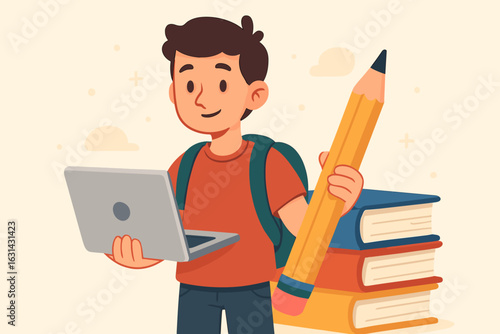 Student education concept with young male standing confidently holding computer and pencil, surrounded by school books, symbolizing learning, study, knowledge, and academic success vector cartoon