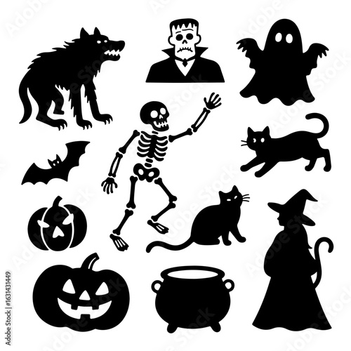 Halloween icons set with pumpkin bat ghost cat witch spider skull and spooky silhouettes in cartoon style for October holiday design