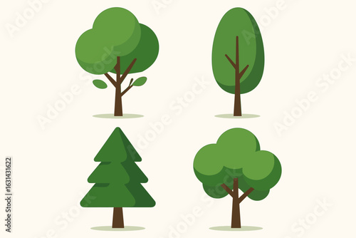 Tree vector collection flat design set. Four different cartoon trees green nature forest plant illustration. Deciduous evergreen conifer botanical graphic