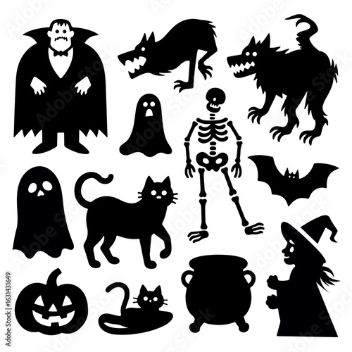 Halloween icons set with silhouettes of cats bats pumpkins ghosts witches and other spooky animals in cartoon style vector collection
