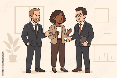 Teamwork business discussion, office collaboration, corporate professionals communicating, workplace team meeting, diverse businesspeople conversation, partnership, management, vector illustration