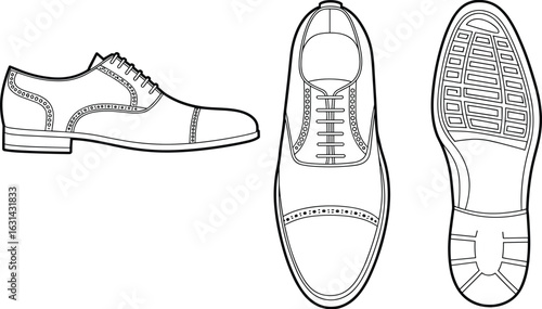 Men’s dress shoe technical cad drawing, formal oxford shoe line art sketch, classic footwear blueprint, cad drawing flat vector illustration