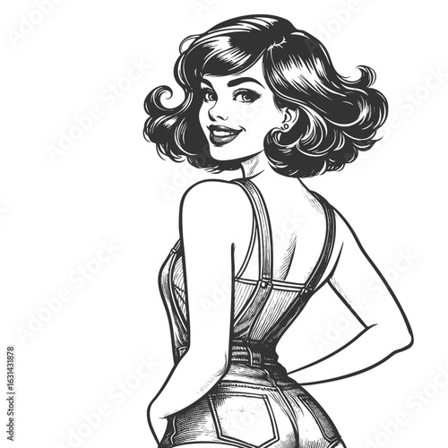 pin-up girl in short denim overalls, striking playful pose sketch engraving generative ai fictional character vector illustration. Scratch board imitation. Black and white image.