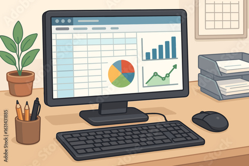 Business accounting spreadsheet software desktop computer screen with financial charts graphs data analysis office workspace vector cartoon illustration