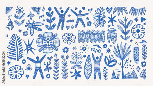 Illustration of stylized blue flora and human figures on a white background in a naive style art