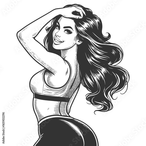 fit retro-style woman in workout clothes, posing confidently with hands in her hair sketch engraving generative ai fictional character vector illustration. Scratch board imitation. Black and white.