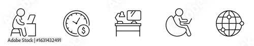 Work from home line icon set. Included icons as self quarantine, stay home, working, online, video conference, office and more.