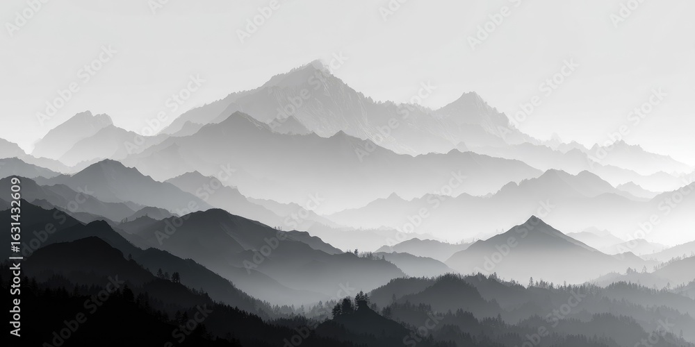 Obraz premium Misty grayscale mountain range, layered peaks