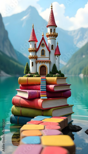 Fairytale castle on stack of books by turquoise lake