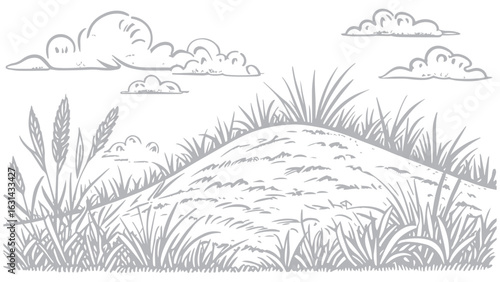 Grassy Hillside Scene with Clouds in Line Art