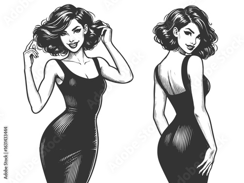 pin-up girl with wavy hair and a confident smile sketch engraving generative ai fictional character vector illustration. Scratch board imitation. Black and white image.