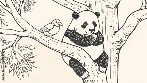 A panda bear sitting in a tree with a bird perched on a branch next to it in black and white art