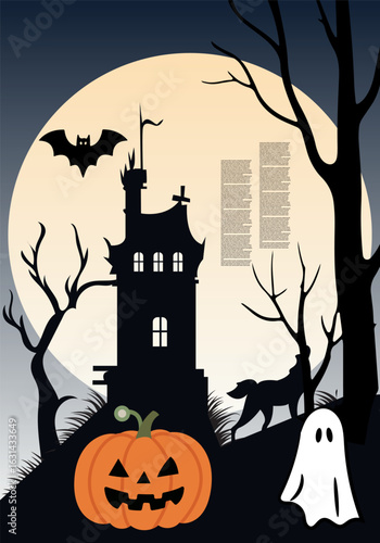 Haunted house and pumpkins on a spooky Halloween night with bats in the sky