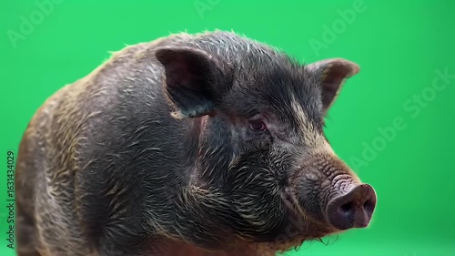Dark Pig Portrait on Green Screen Background for Chroma Key Compositing