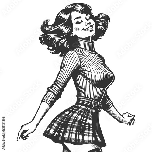 pin-up girl wearing a plaid skirt and tight turtleneck, smiling and posing playfully sketch engraving generative ai fictional character vector illustration. Scratch board imitation. Black and white.