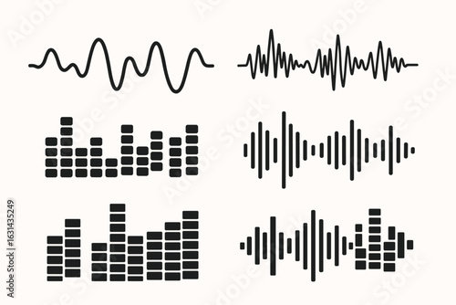 Audio waves vector collection set of 4, music sound illustration graphics, dynamic spectrum waveform, equalizer icons and soundwave elements in black for audio and music design