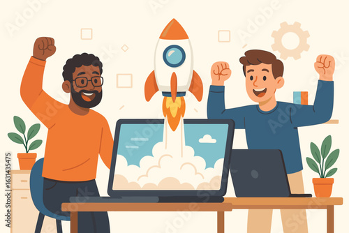Business project launch concept. Two happy developers celebrating a successful startup. Teamwork in office workspace with rocket boosting from laptop. Digital product.