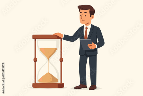 Businessman with hourglass metaphor for time management and patience. Man waiting for investment results or project deadline. Business process and strategy concept vector.