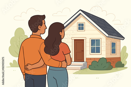 Couple buying new house vector illustration. Man and woman contemplating home purchase. Young family dreaming of future together. Real estate, mortgage, property ownership.