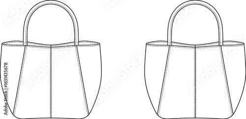 Front and back view tote bag design, simple handbag technical sketch, fashion accessory cad drawing flat vector illustration