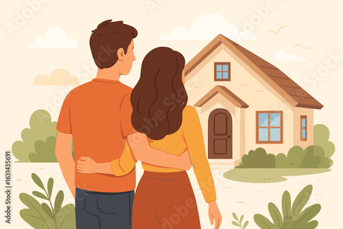 Couple buying new house. Man and woman hug looking at home. Real estate investment. Family dreaming of future together. Mortgage loan for property. Vector cartoon.