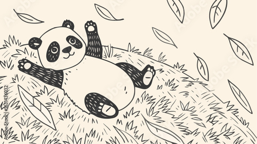 A panda bear lying on its back in grass with leaves falling around it in a cartoon style drawing