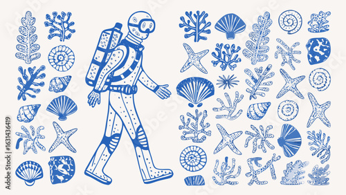 Illustration of a scuba diver surrounded by various marine life in a blue and white color scheme