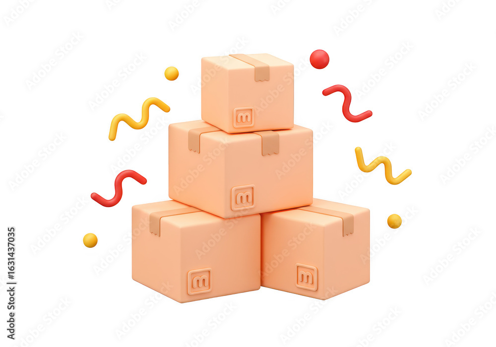 Fototapeta premium Stack of cardboard boxes with festive confetti, isolated on transparent background