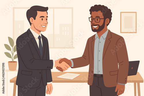 Two diverse businessmen shaking hands in office. Concept of business deal, agreement, or partnership. Successful negotiation and collaboration. Welcome to team. Hiring new employee.