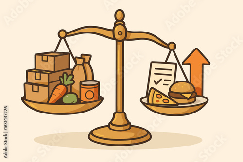 Law of supply and demand concept illustration. Economic weight scale balancing goods, products and services. Market equilibrium, inflation and price increase metaphor vector.
