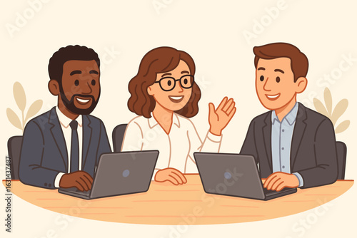 Diverse business team in a meeting. Group of three smiling multicultural colleagues working on laptops, talking and collaborating. Office teamwork concept vector illustration.