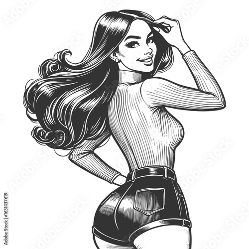 cheerful pin-up girl with long flowing hair, wearing a turtleneck top and shorts sketch engraving generative ai fictional character vector illustration. Scratch board imitation. Black and white image.