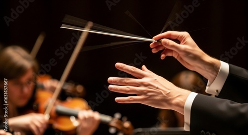 Conductor's hands with baton leading an orchestra during a classical music performance.