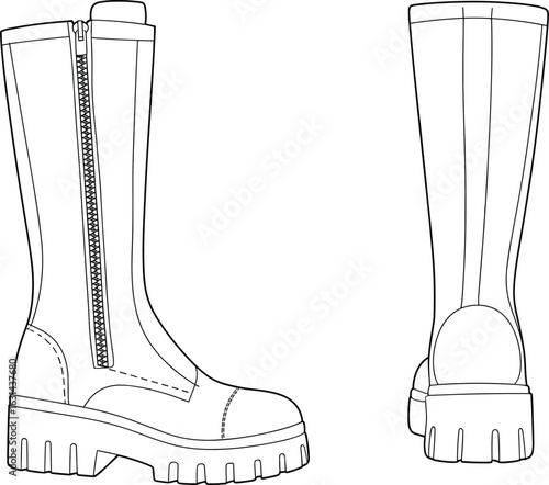 Chunky sole fashion boots, side zip tall boots, detailed footwear cad sketch, front and back view illustration
