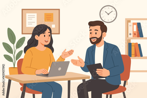 Office colleagues discussion. Man and woman working on a project with a laptop. Business teamwork and collaboration concept. Job interview or business meeting vector.