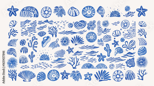 Collection of blue sea elements including shells starfish coral and waves in a textured stamp style