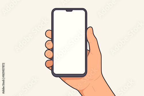 Hand holding smartphone with blank screen vector illustration. Phone mockup for app or user interface presentation. Mobile device display template in cartoon style.