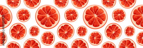 Juicy seamless pattern with grapefruit slices. For summer backgrounds, food packaging, fabric prints
