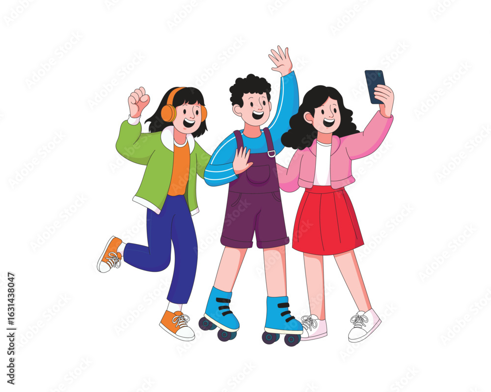 Obraz premium hree trendy friends roller skating and taking a selfie in an urban setting while enjoying music. A joyful and stylish moment of youth and connection.