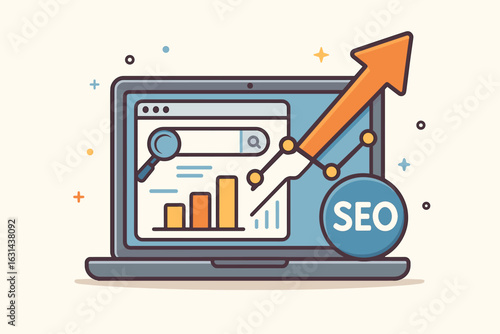 SEO optimization concept. Search engine performance tools. Laptop with rising graph. Big arrow pointing up. Performance marketing. Data analytics. Business success strategy.