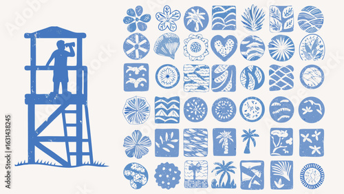 Illustration of a lifeguard tower with a person and various botanical and nature themed icons in blue