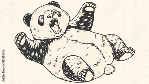 Illustration of a panda bear lying on its back with its mouth open and paws in the air looking playful