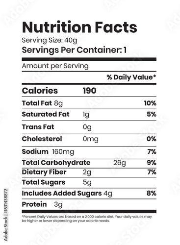 Clean and modern vector illustration of nutrition facts label with various food elements and health icons perfect for dietary information and healthy lifestyle designs