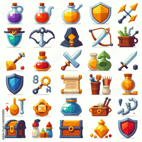 A set of colorful flat vector RPG inventory icons