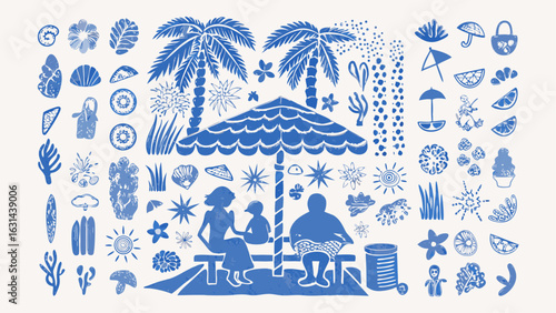 Illustration of a family under an umbrella with palm trees and various beach themed elements in blue ink