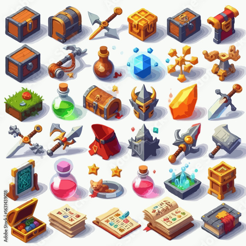 A set of isometric 3D RPG inventory item icons