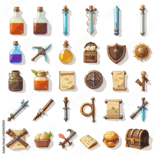 A set of colorful flat vector RPG inventory icons