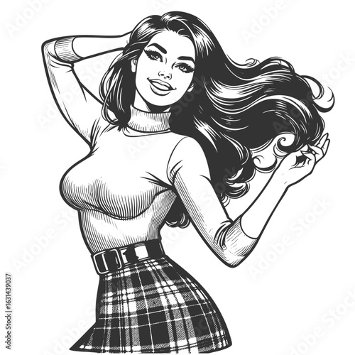 pin-up girl wearing a plaid skirt and tight turtleneck, smiling and posing playfully sketch engraving generative ai fictional character vector illustration. Scratch board imitation. Black and white.