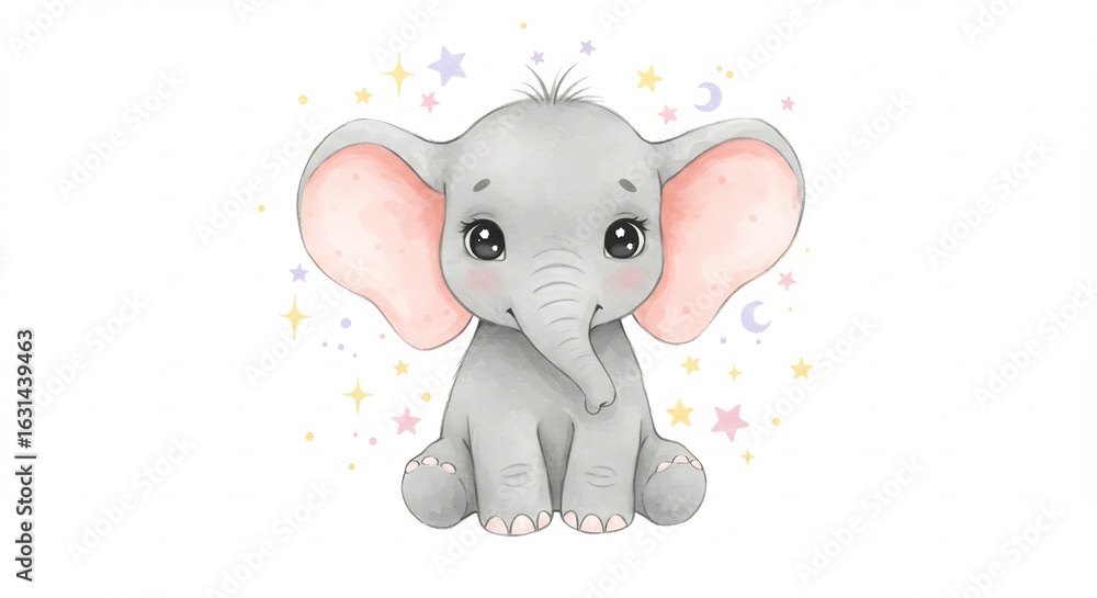 Fototapeta premium Adorable �l�phant b�b� paisible lumineux �toiles tendres. AI Generated